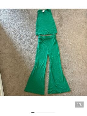 House of Harlow Green Ribbed Set with Boot Cut Flare Pant. Fun, Vibrant!
